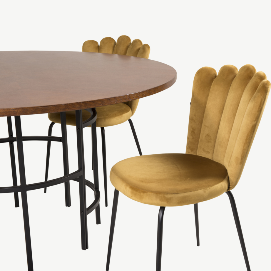 Ümmarguse söögilaua komplekt Copenhagen pruuni vineeriga ja Limhamni kollased sametist toolid, GR19323 – 3