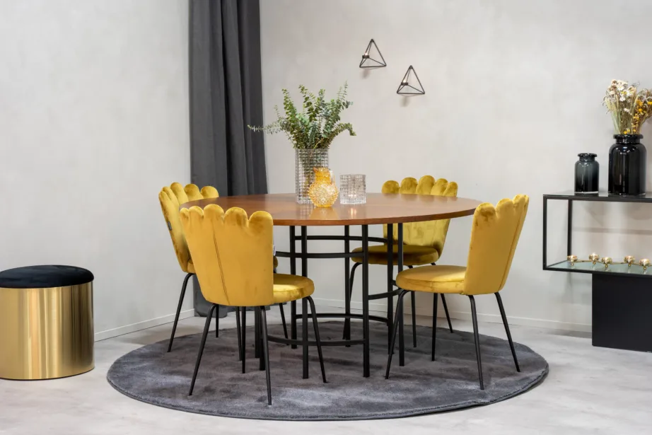 Ümmarguse söögilaua komplekt Copenhagen pruuni vineeriga ja Limhamni kollased sametist toolid, GR19323 – 4
