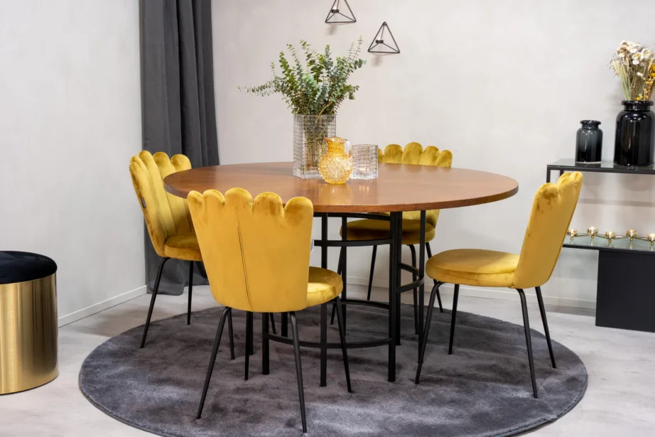 Ümmarguse söögilaua komplekt Copenhagen pruuni vineeriga ja Limhamni kollased sametist toolid, GR19323 – 5