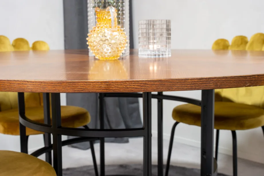 Ümmarguse söögilaua komplekt Copenhagen pruuni vineeriga ja Limhamni kollased sametist toolid, GR19323 – 6