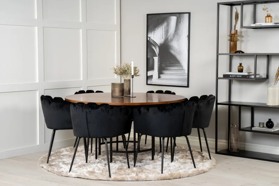 Ümmargune söögilaud Copenhagen mustade velvetkattega Limhamn toolidega (6 tk), GR19332 – 4