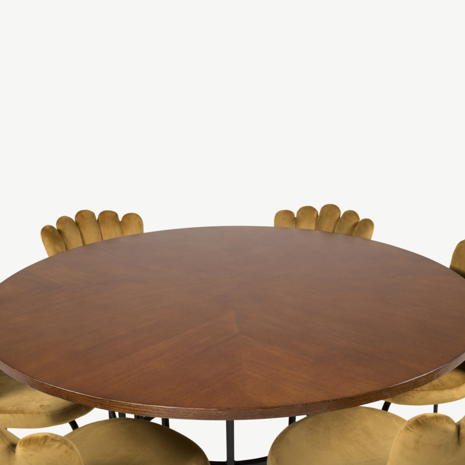 Ümmargune söögilauakomplekt Copenhagenile (pruuni lauaplaadiga, kuldkollased velvettoolid, 6 kohta), GR19333 – 2