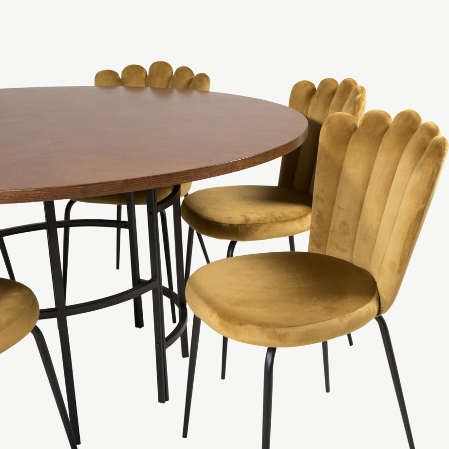 Ümmargune söögilauakomplekt Copenhagenile (pruuni lauaplaadiga, kuldkollased velvettoolid, 6 kohta), GR19333 – 3