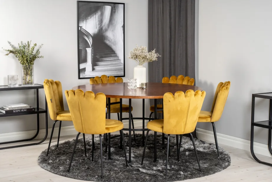 Ümmargune söögilauakomplekt Copenhagenile (pruuni lauaplaadiga, kuldkollased velvettoolid, 6 kohta), GR19333 – 4