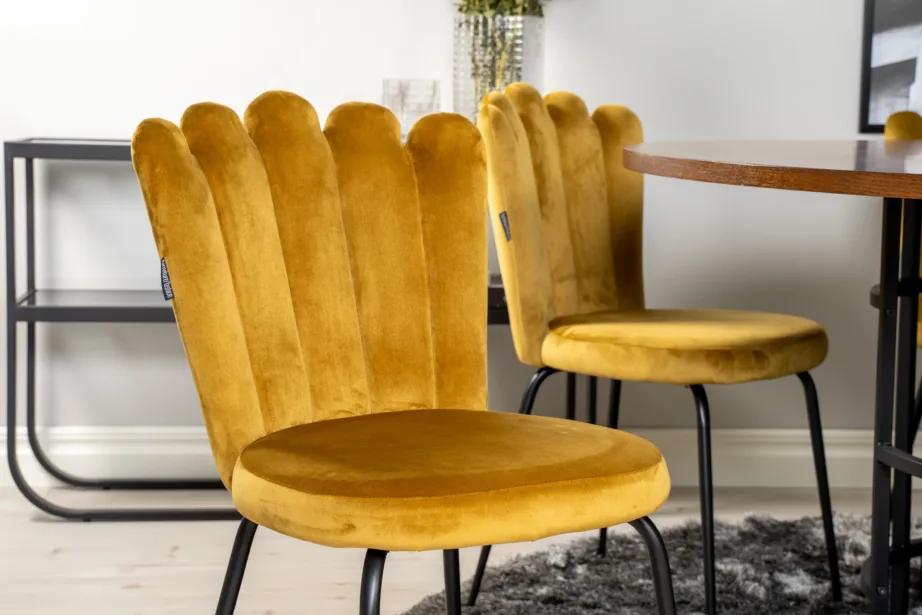 Ümmargune söögilauakomplekt Copenhagenile (pruuni lauaplaadiga, kuldkollased velvettoolid, 6 kohta), GR19333 – 6