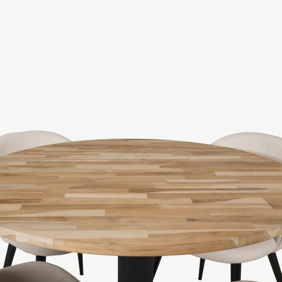 Ümmargune tiigipuust söögilaud Cirebon kreemide Velvet toolidega (4 tk), mustad metalljalad, ø100 cm, GR19341 – 2