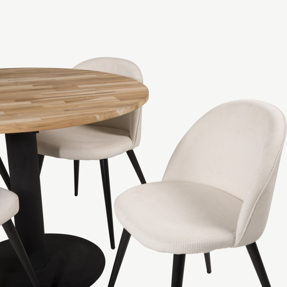Ümmargune tiigipuust söögilaud Cirebon kreemide Velvet toolidega (4 tk), mustad metalljalad, ø100 cm, GR19341 – 3
