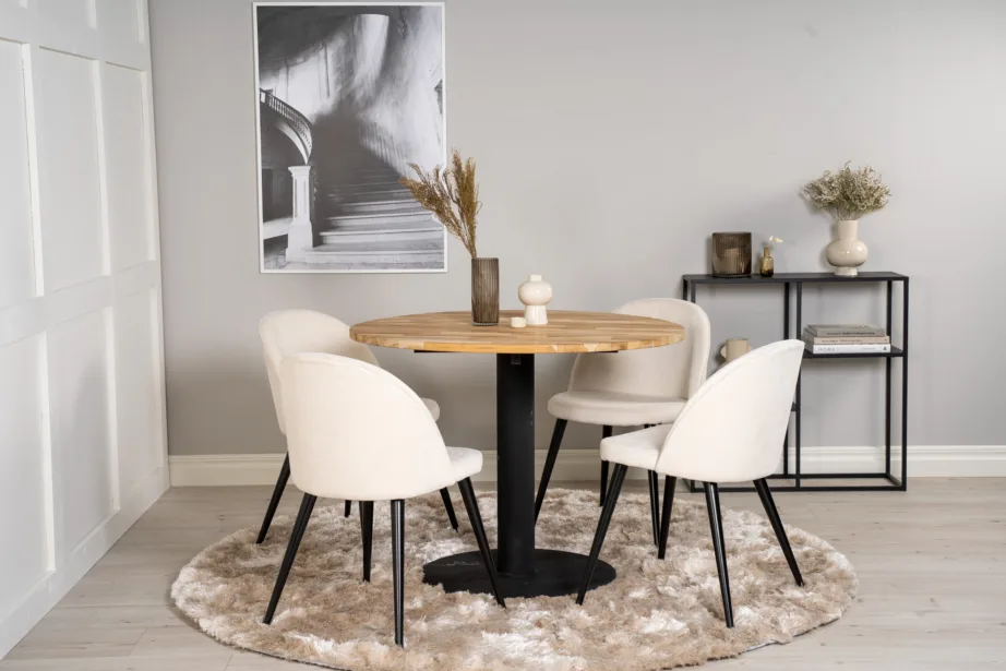 Ümmargune tiigipuust söögilaud Cirebon kreemide Velvet toolidega (4 tk), mustad metalljalad, ø100 cm, GR19341 – 4