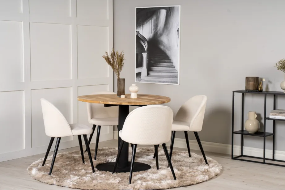 Ümmargune tiigipuust söögilaud Cirebon kreemide Velvet toolidega (4 tk), mustad metalljalad, ø100 cm, GR19341 – 5