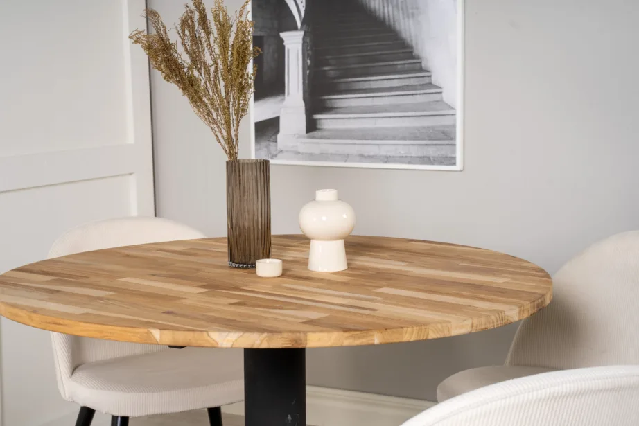 Ümmargune tiigipuust söögilaud Cirebon kreemide Velvet toolidega (4 tk), mustad metalljalad, ø100 cm, GR19341 – 6