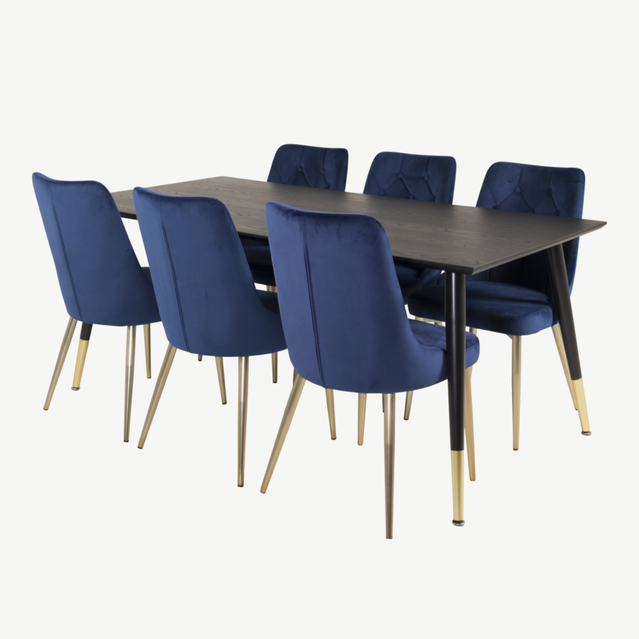 Must Dipp ristkülikukujuline söögilauakomplekt siniste Velvet Deluxe toolidega (6 tk), GR19342