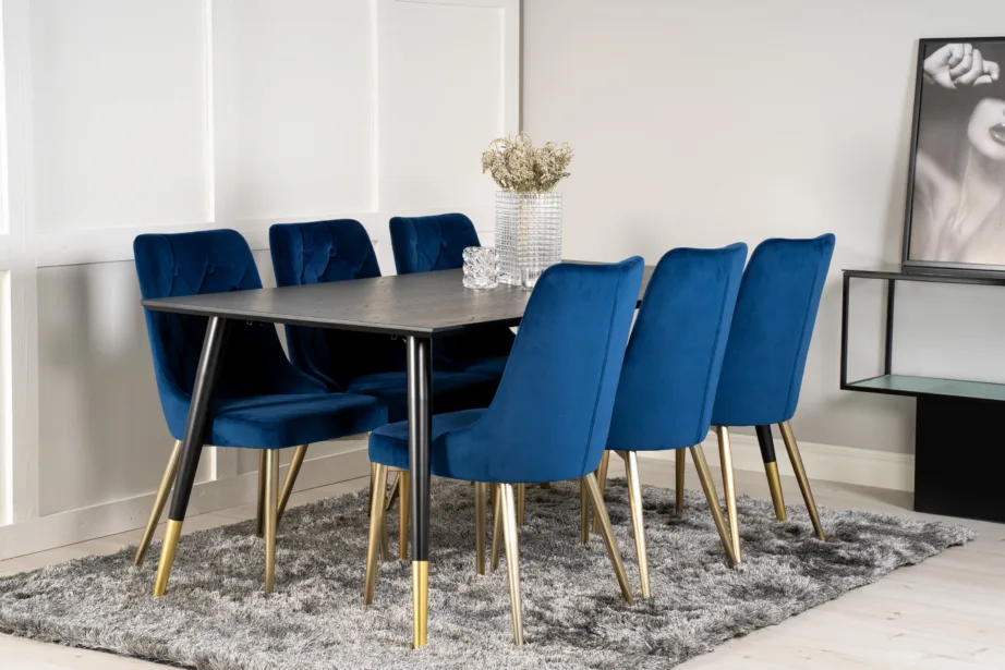 Must Dipp ristkülikukujuline söögilauakomplekt siniste Velvet Deluxe toolidega (6 tk), GR19342 – 6