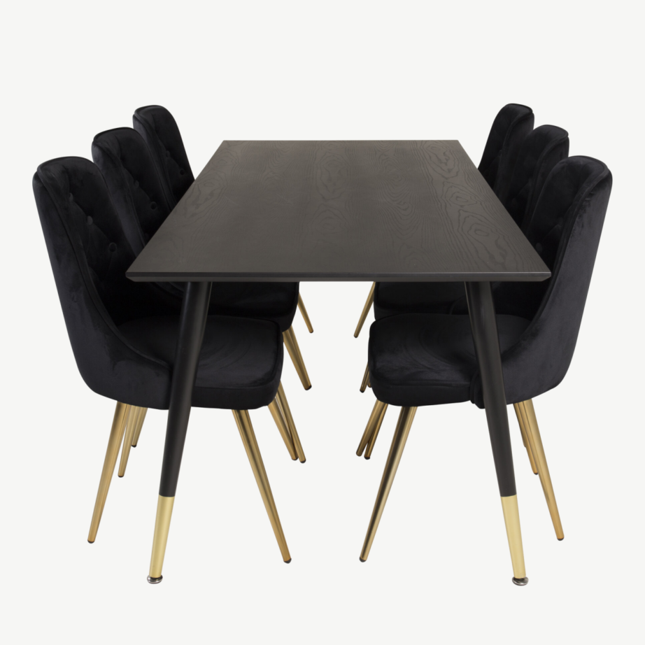 Ristkülikukujuline söögilauakomplekt Dipp musta sametkatte ja kuldsete detailidega toolidega (6 tk), GR19343 – 2