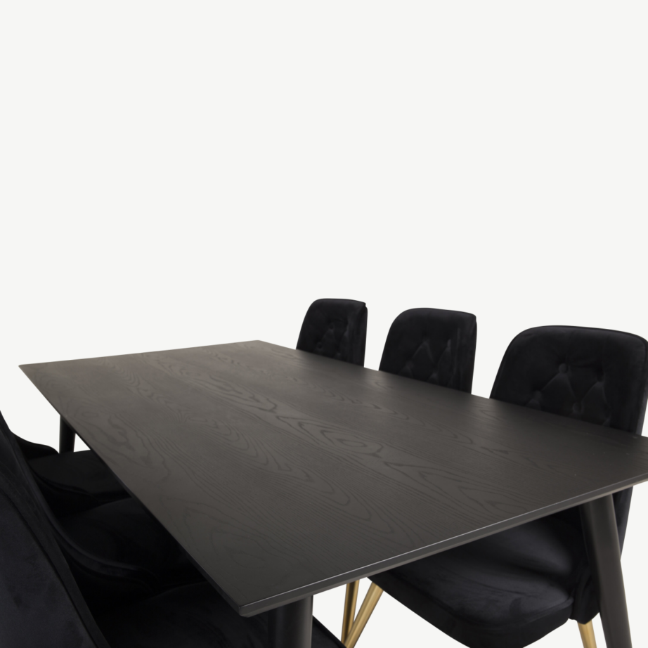 Ristkülikukujuline söögilauakomplekt Dipp musta sametkatte ja kuldsete detailidega toolidega (6 tk), GR19343 – 3