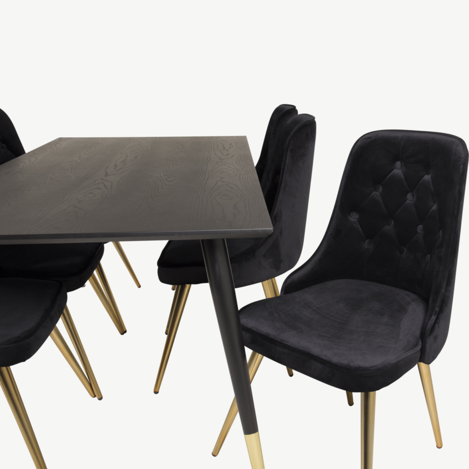 Ristkülikukujuline söögilauakomplekt Dipp musta sametkatte ja kuldsete detailidega toolidega (6 tk), GR19343 – 4