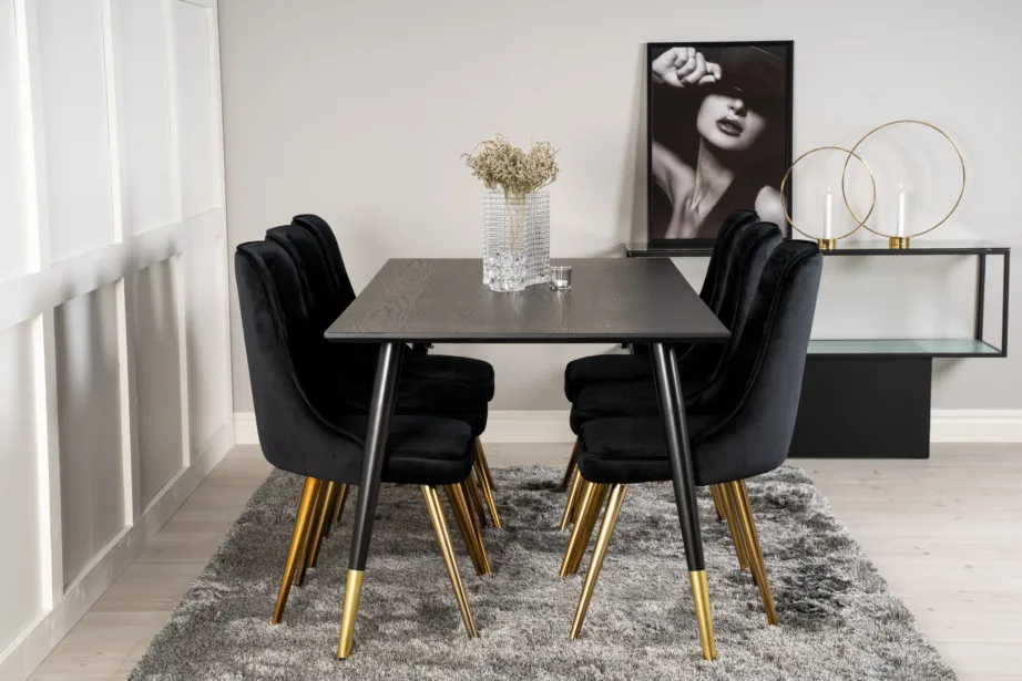 Ristkülikukujuline söögilauakomplekt Dipp musta sametkatte ja kuldsete detailidega toolidega (6 tk), GR19343 – 5