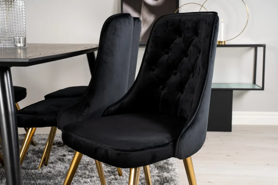 Ristkülikukujuline söögilauakomplekt Dipp musta sametkatte ja kuldsete detailidega toolidega (6 tk), GR19343 – 8