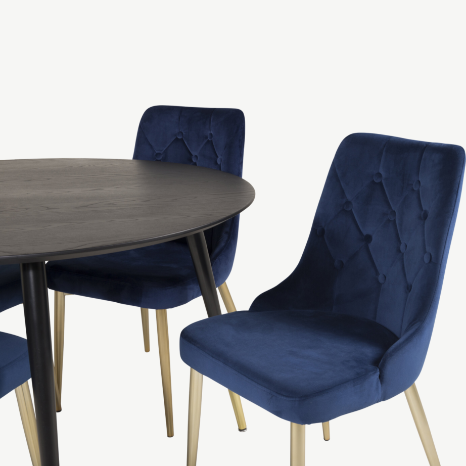 Ümmargune söögilaud Dipp sametist siniste toolidega (must/kuld, Ø115 cm), GR19344 – 2