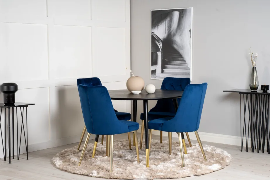 Ümmargune söögilaud Dipp sametist siniste toolidega (must/kuld, Ø115 cm), GR19344 – 4