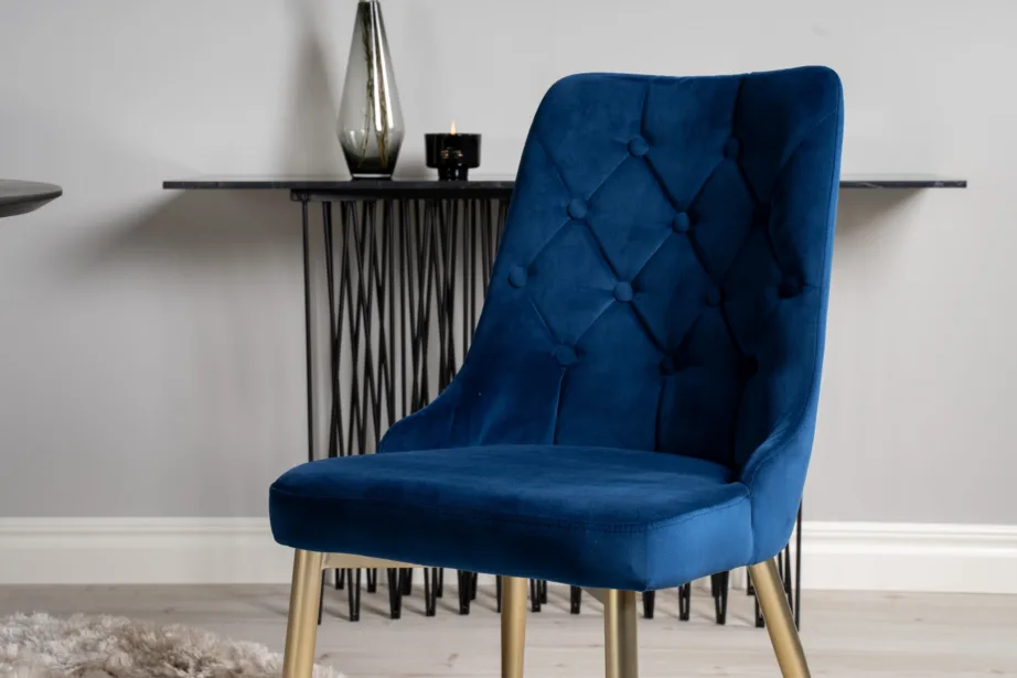 Ümmargune söögilaud Dipp sametist siniste toolidega (must/kuld, Ø115 cm), GR19344 – 7