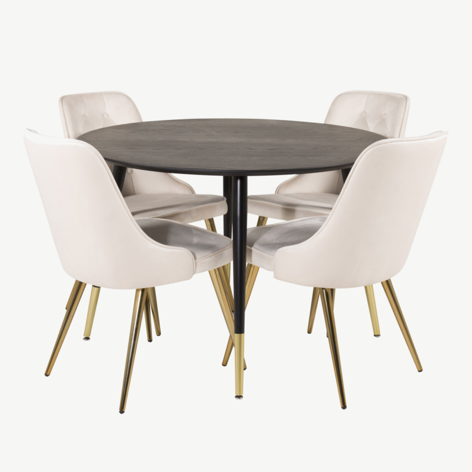 Ümmargune söögilauakomplekt Dipp – must spoon, beež velvet, kuldsed detailid, ø115 cm, GR19345