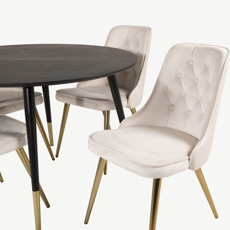 Ümmargune söögilauakomplekt Dipp – must spoon, beež velvet, kuldsed detailid, ø115 cm - GR19345