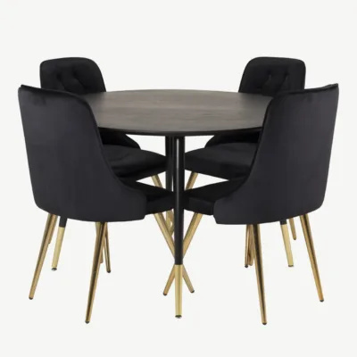 Dipp ümmargune söögilaud toolidega, 115 cm, must/kuldne velvetist toolid - GR19346