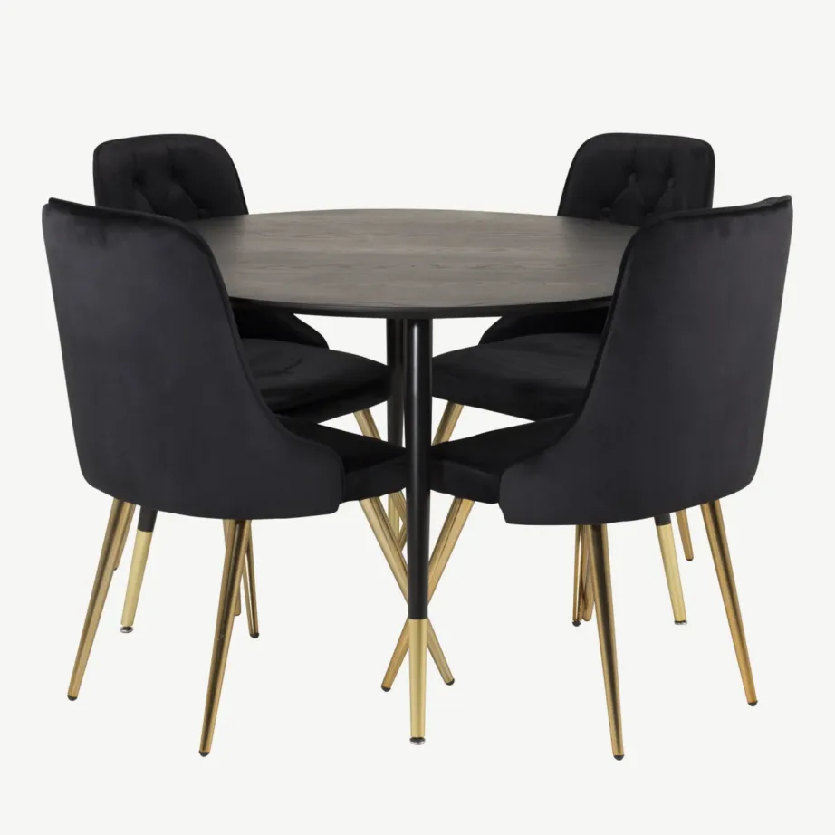 Dipp ümmargune söögilaud toolidega, 115 cm, must/kuldne velvetist toolid, GR19346