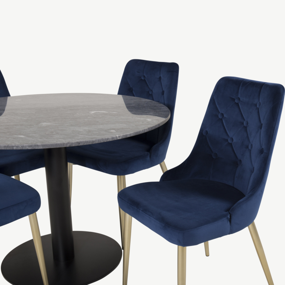 Estelle ümmargune marmorlauaga söögilauakomplekt, sinised velvettoolid (Ø106 cm), GR19358 – 3