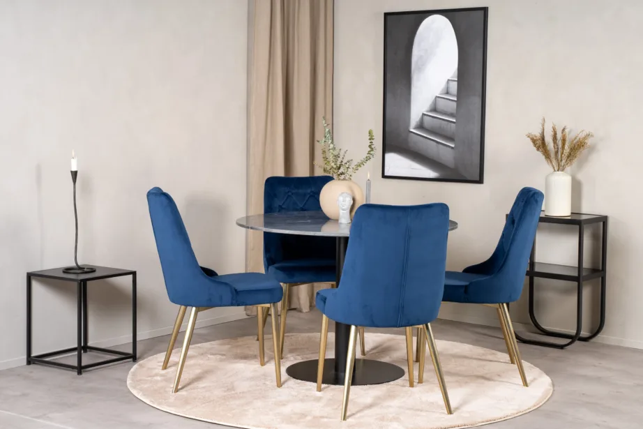 Estelle ümmargune marmorlauaga söögilauakomplekt, sinised velvettoolid (Ø106 cm), GR19358 – 4