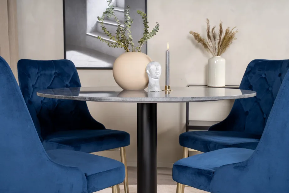 Estelle ümmargune marmorlauaga söögilauakomplekt, sinised velvettoolid (Ø106 cm), GR19358 – 6