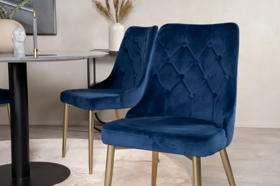 Estelle ümmargune marmorlauaga söögilauakomplekt, sinised velvettoolid (Ø106 cm), GR19358 – 8