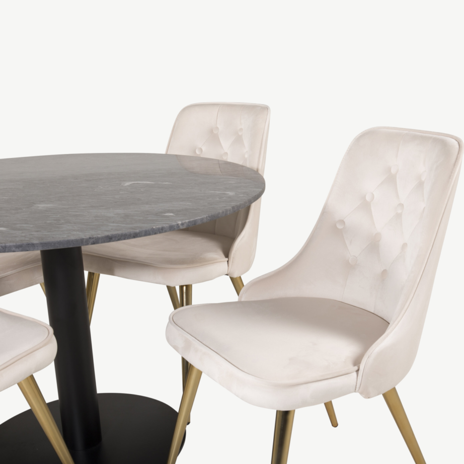 Estelle ümmargune marmorist söögilauakomplekt beežide velvettoolidega, kuldsete jalgadega, ø106 cm, GR19359 – 3