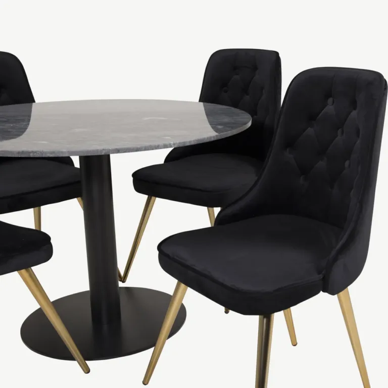 Estelle ümmargune marmorist söögilaud ja Velvet Deluxe samettoolid (must/kuld, ø106 cm) - GR19360