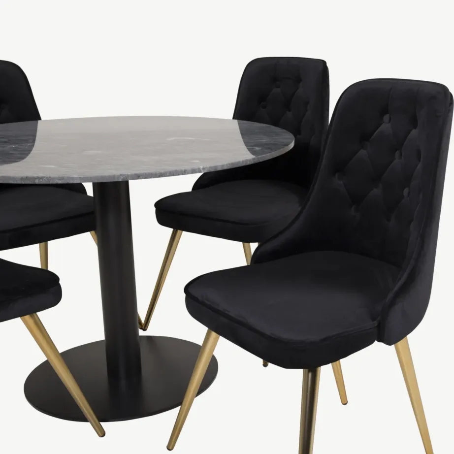 Estelle ümmargune marmorist söögilaud ja Velvet Deluxe samettoolid (must/kuld, ø106 cm), GR19360 – 3