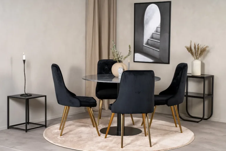 Estelle ümmargune marmorist söögilaud ja Velvet Deluxe samettoolid (must/kuld, ø106 cm) - GR19360