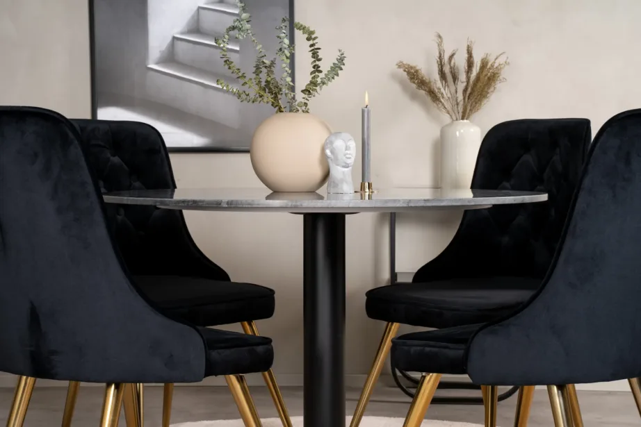 Estelle ümmargune marmorist söögilaud ja Velvet Deluxe samettoolid (must/kuld, ø106 cm), GR19360 – 6