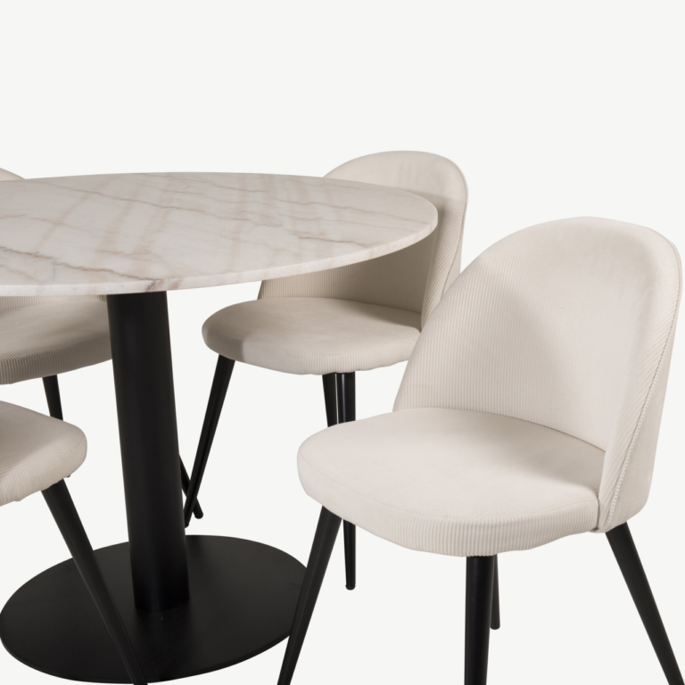 Ümmargune marmorlauaga söögilaud Estelle koos kreemide Velvet toolidega (Ø106 cm) - GR19362