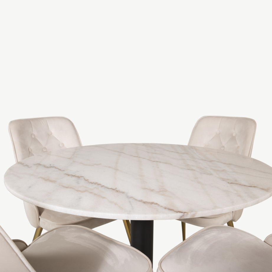 Ümmargune marmorist söögilauakomplekt Estelle samettoolidega (beež, kuldsed jalad), GR19363 – 2