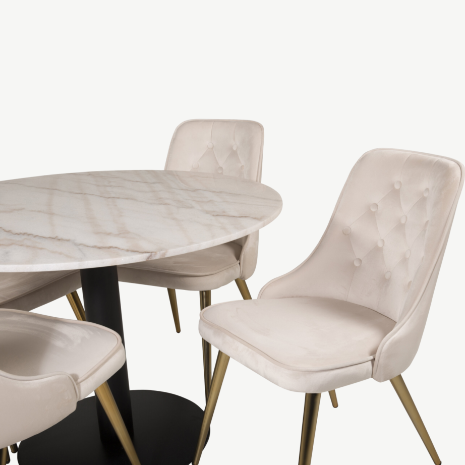 Ümmargune marmorist söögilauakomplekt Estelle samettoolidega (beež, kuldsed jalad), GR19363 – 3