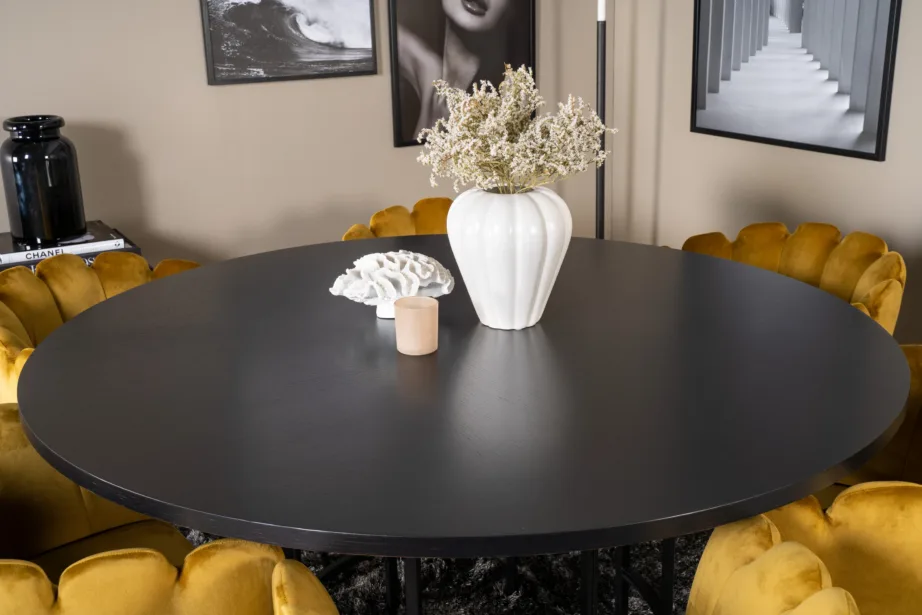 Copenhagen ümmargune söögikomplekt musta laua ja kollaste samettoolidega, GR19391 – 5