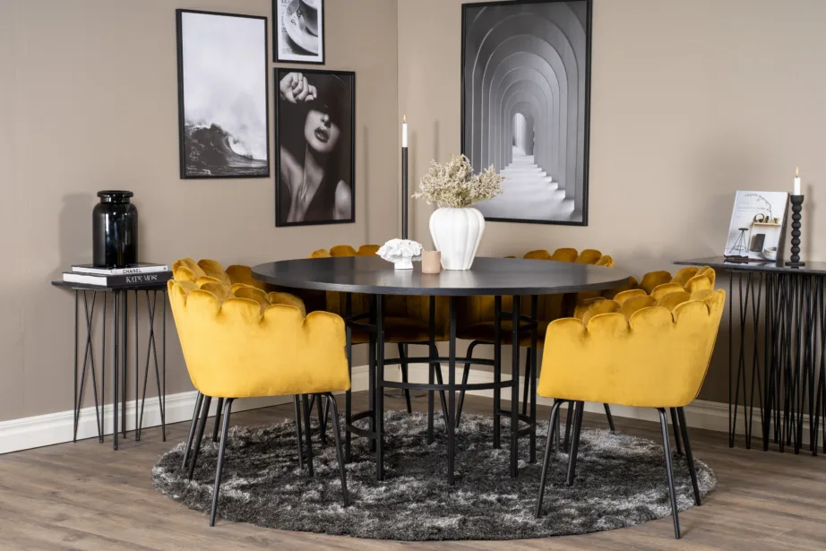 Copenhagen ümmargune söögikomplekt musta laua ja kollaste samettoolidega, GR19391 – 6