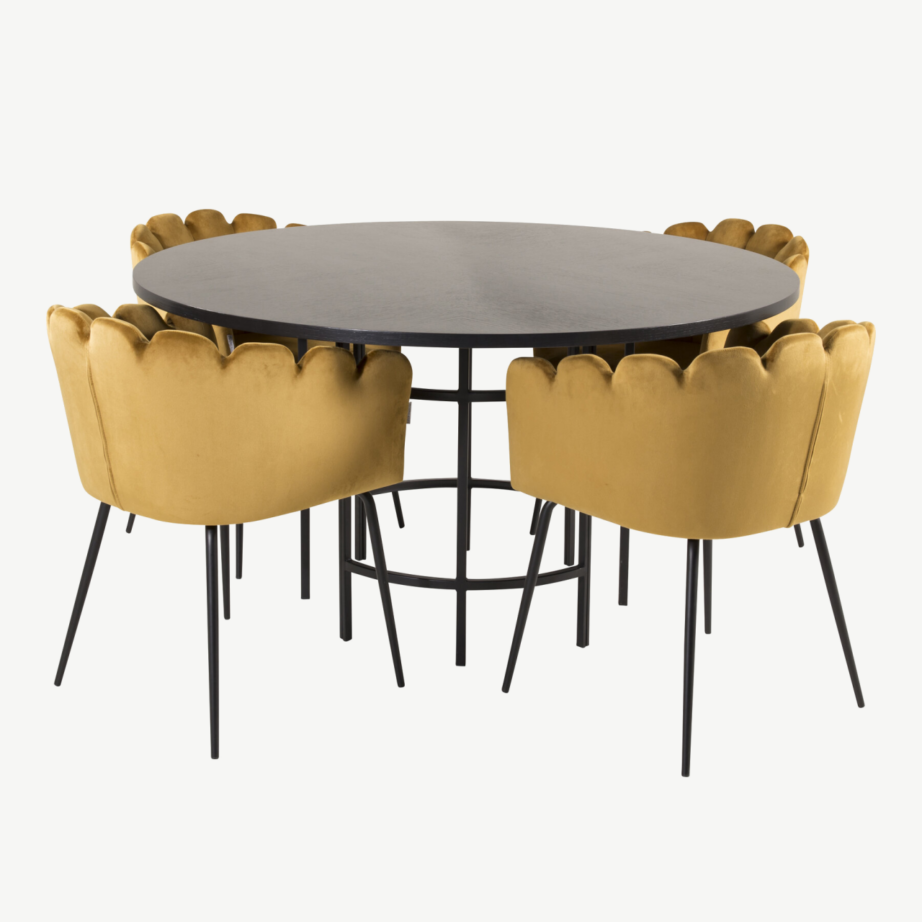 Copenhagen ümmargune must söögilauakomplekt kuldsete samettoolidega Limhamn, GR19392 – 2