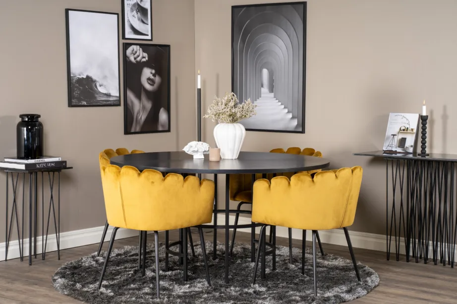 Copenhagen ümmargune must söögilauakomplekt kuldsete samettoolidega Limhamn, GR19392 – 4