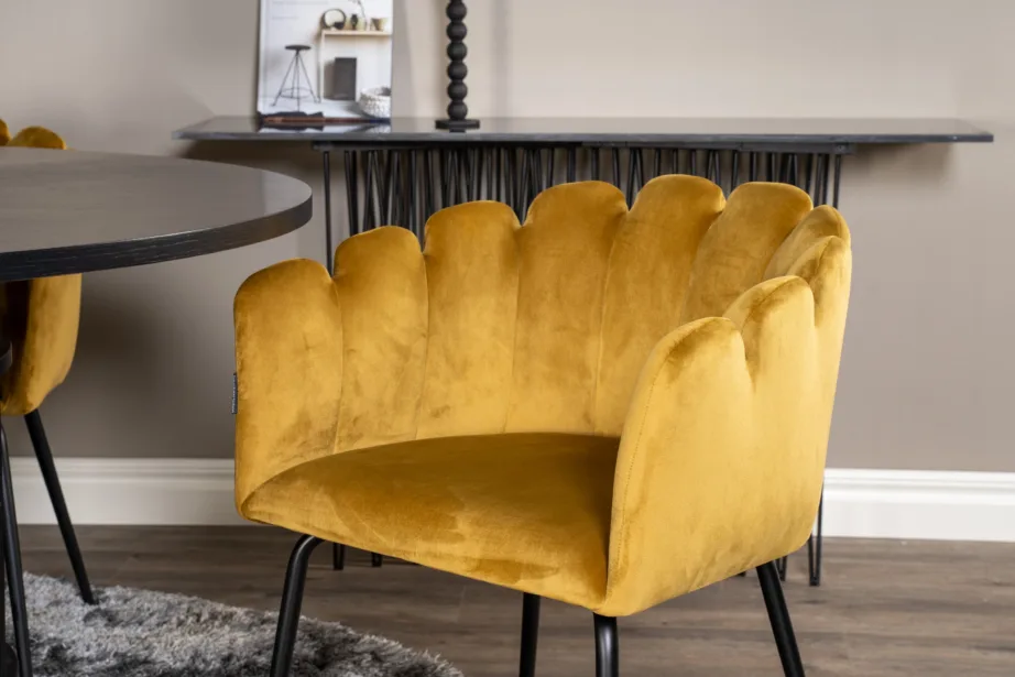 Copenhagen ümmargune must söögilauakomplekt kuldsete samettoolidega Limhamn, GR19392 – 7