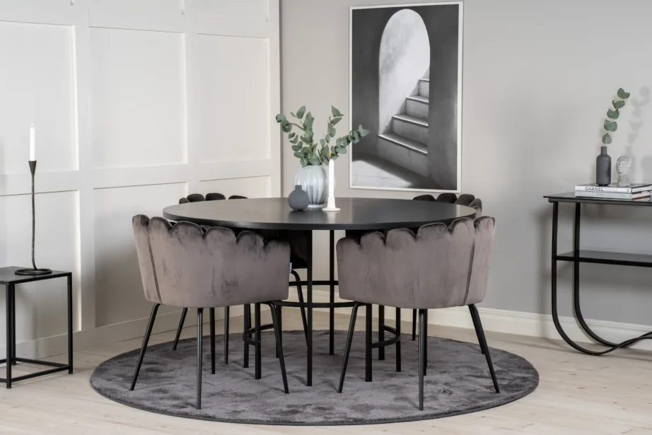 Ümmarguse söögilauakomplekti Copenhagen (must laud, hallid sametist toolid, ø140 cm), GR19394 – 4