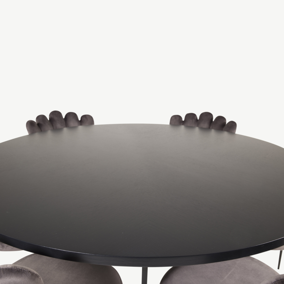Ümmargune söögilaud Copenhagen must koos kuue halli velvetkattega Limhamni tooliga, GR19399 – 2
