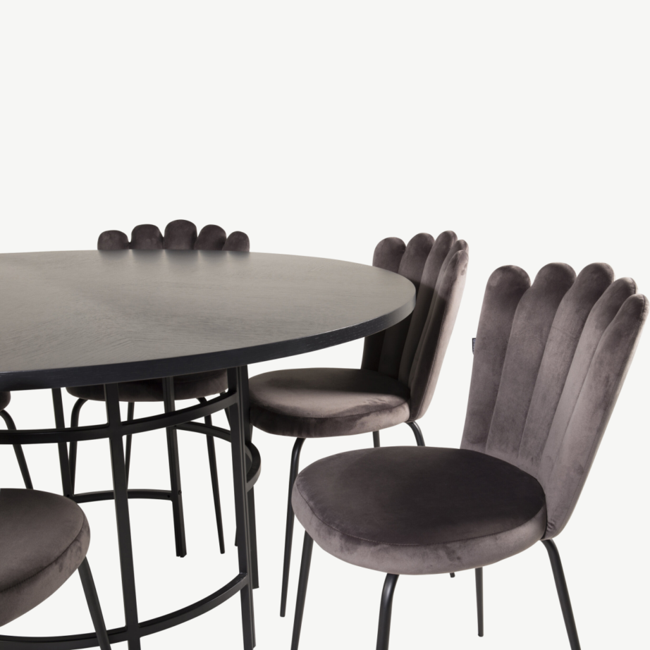 Ümmargune söögilaud Copenhagen must koos kuue halli velvetkattega Limhamni tooliga, GR19399 – 3