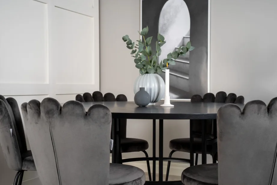 Ümmargune söögilaud Copenhagen must koos kuue halli velvetkattega Limhamni tooliga, GR19399 – 5