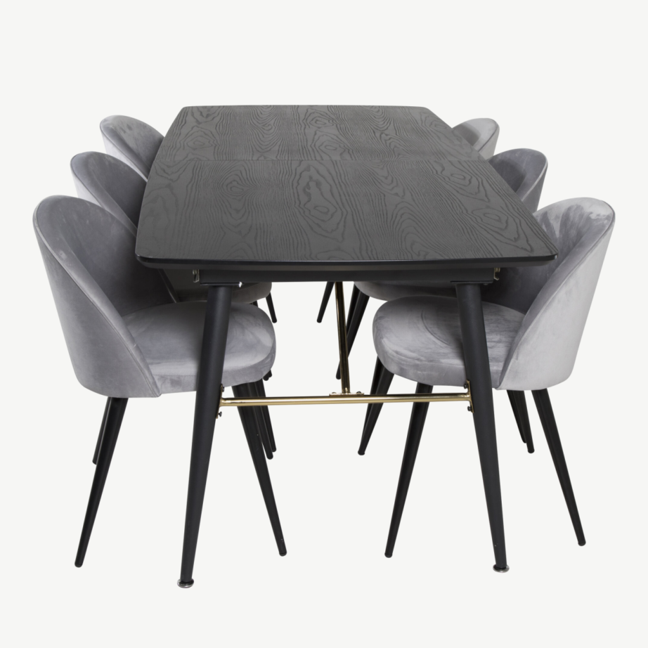 Must pikendatav söögilauakomplekt Gold messingdetailidega ja kuue halli velvetist tooliga, GR19407 – 2